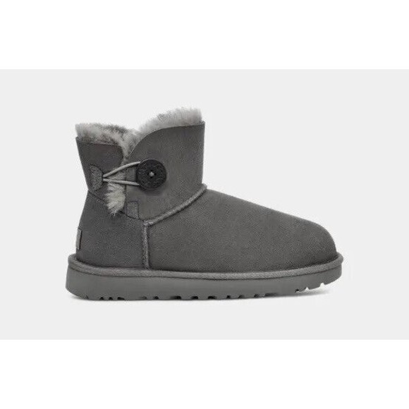UGG Shoes - Ugg Mini Short Bailey Button II Flat Boot Gray Wool Fur Suede Leather 9